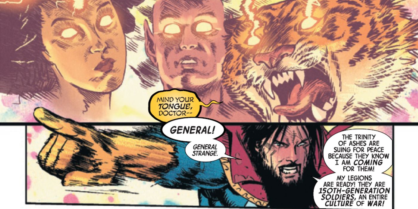 Doctor Strange correcting the Vishanti, demanding they call him General, in Marvel Comics