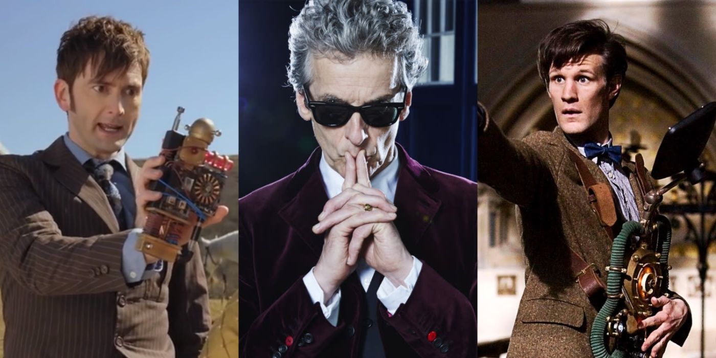 David Tennant, Peter Capaldi and Matt Smith on Doctor Who, wielding various sci-fi gadgets.