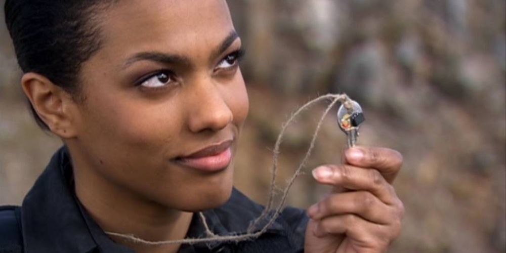 Martha Jones wears a perception filter necklace made from the TARDIS key on Doctor Who