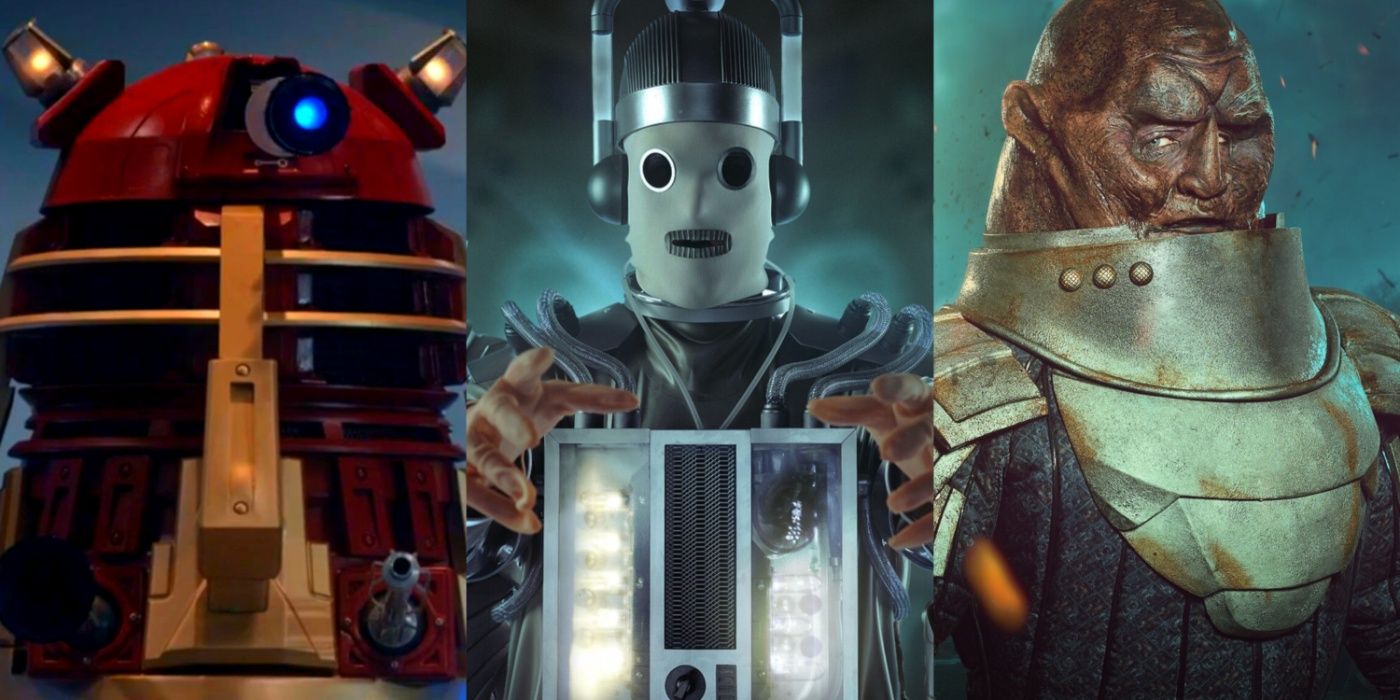 The red and gold Supreme Dalek on Skaro, a Mondasian Cyberman and a Season 13 Sontaran from Doctor Who