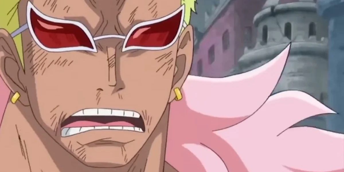 Doflamingo looks concerned in One Piece.