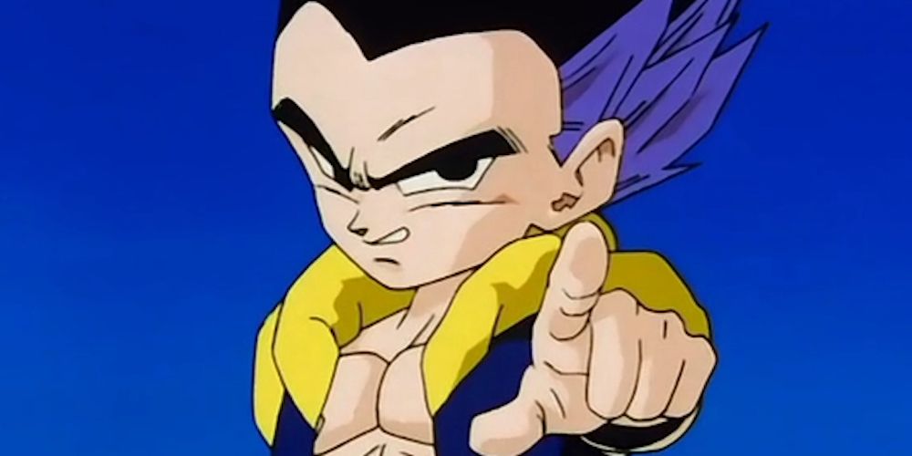 Gotenks is formed properly for the first time and points in Dragon Ball Z