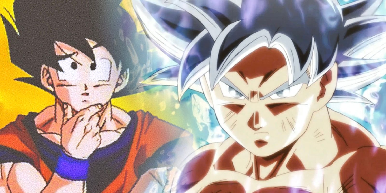 Ultra instinct Goku and Goku thinking about something in dragon ball super and Z 
