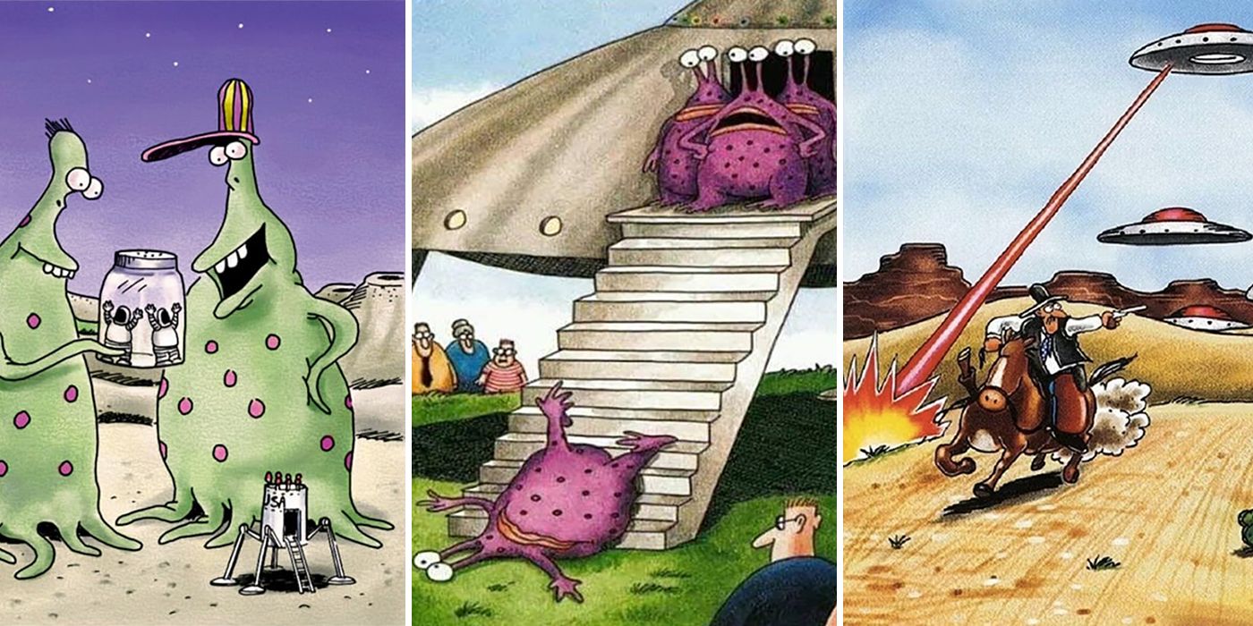 A collage of Far Side comics about aliens