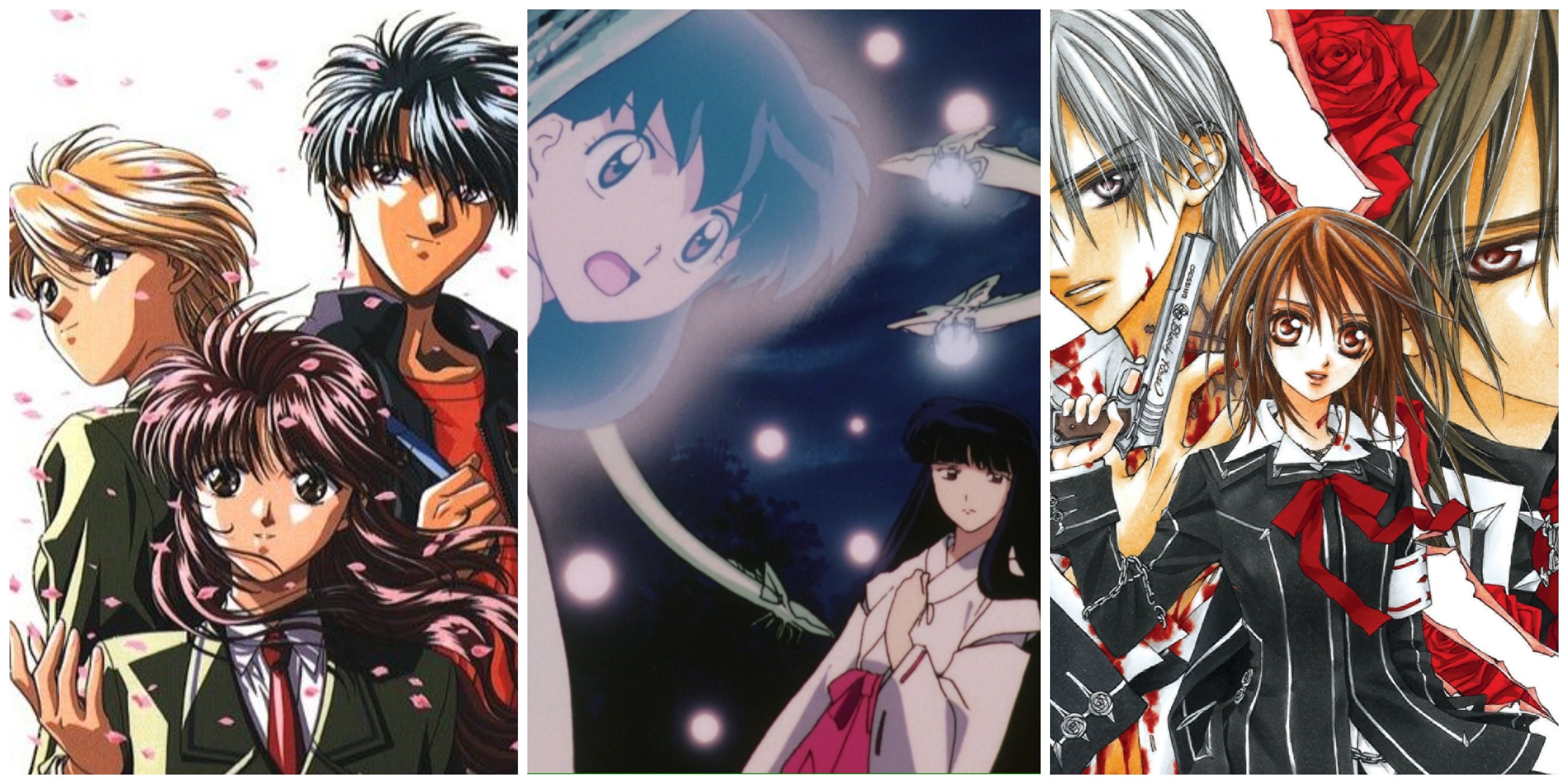 Split image, Yui and Miaka and Tamahome from Fushigi Yugi, Kagome and Kikyo from InuYasha, and Zero and Yuki and Kaname from Vampire Knight.
