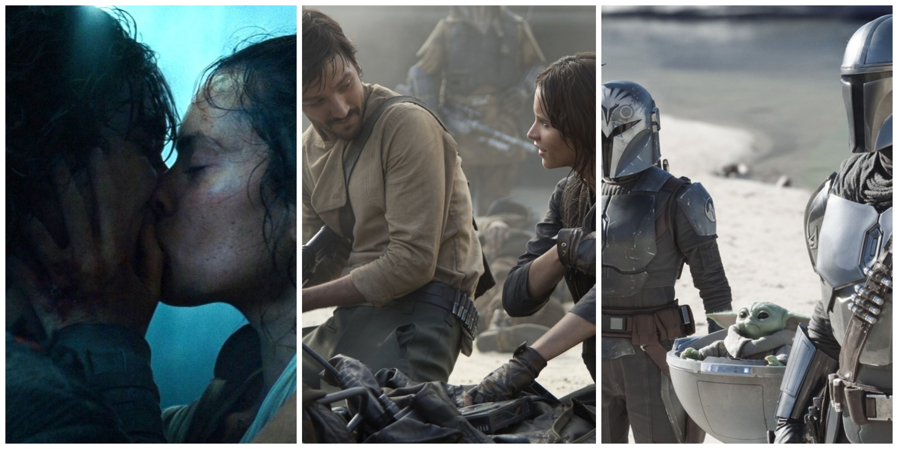 Split image, Rey kissing Ben in The Rise of Skywalker, Cassian smiling at Jyn in Rogue One, and Bo-Katan standing with Grogu and Din Djarin in The Mandalorian.
