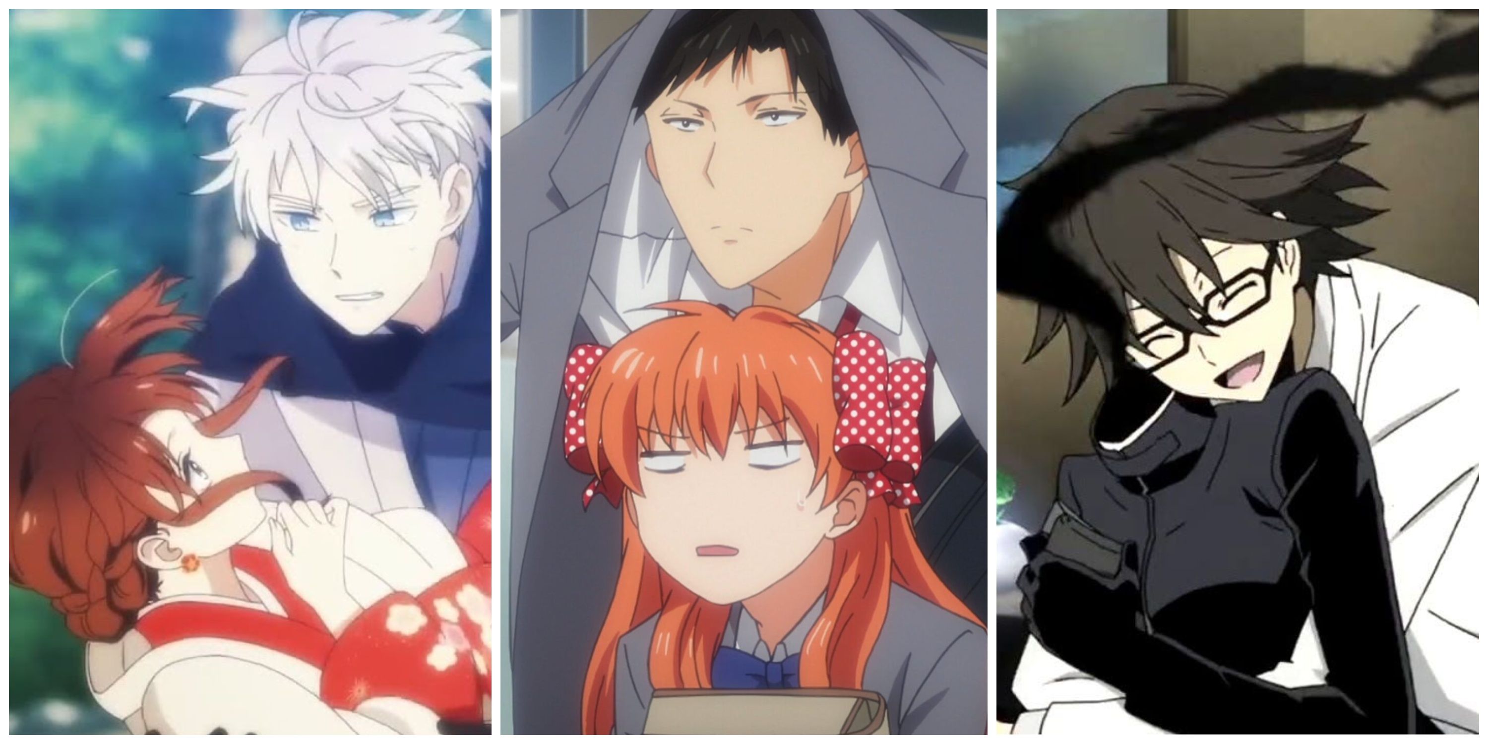 Split image, Himuro catching Fuyutsuki in The Ice Guy and His Cool Female Colleague, Nozaki goofing around with Chiyo in Monthly Girls' Nozaki kun, and Shinra hugging Celty in Durarara!