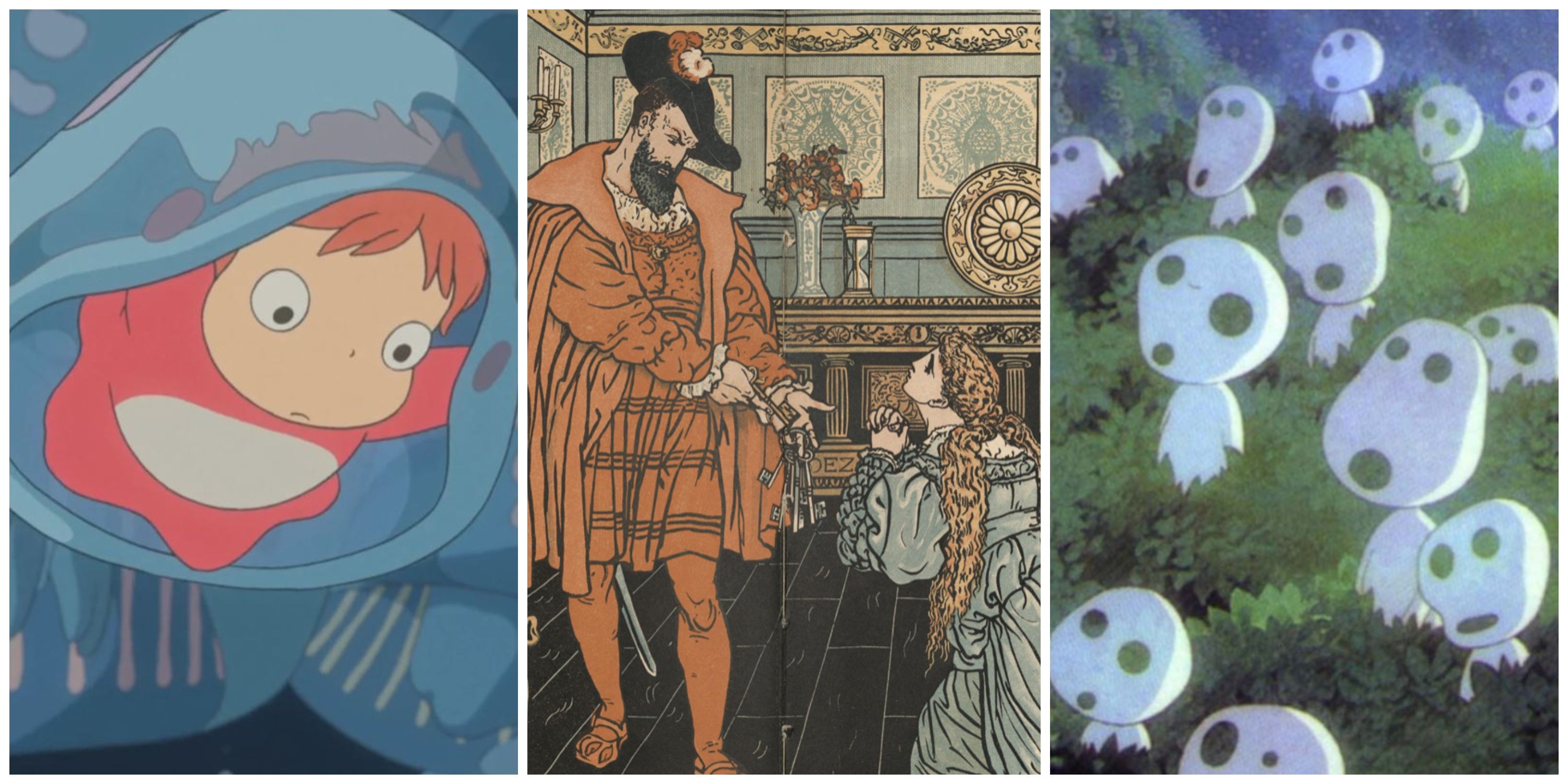 Split image, Ponyo, the fairy tale Bluebeard, and kodama from Princess Mononoke.