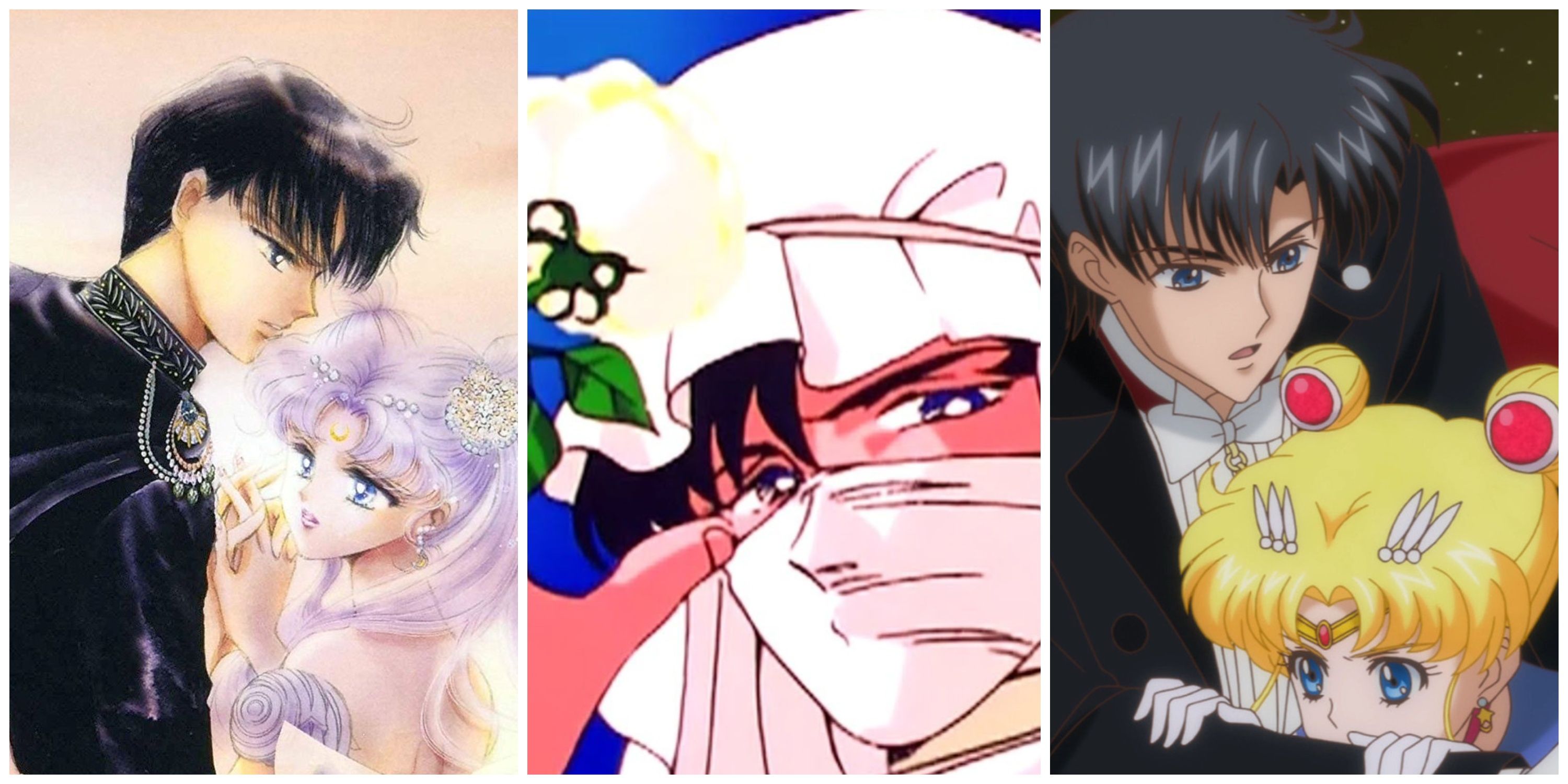  Split image, Prince Endymion dancing with Princess Serenity in the manga, Moonlight Knight posing with a white rose, and Tuxedo Mask holding Sailor Moon in Sailor Moon Crystal