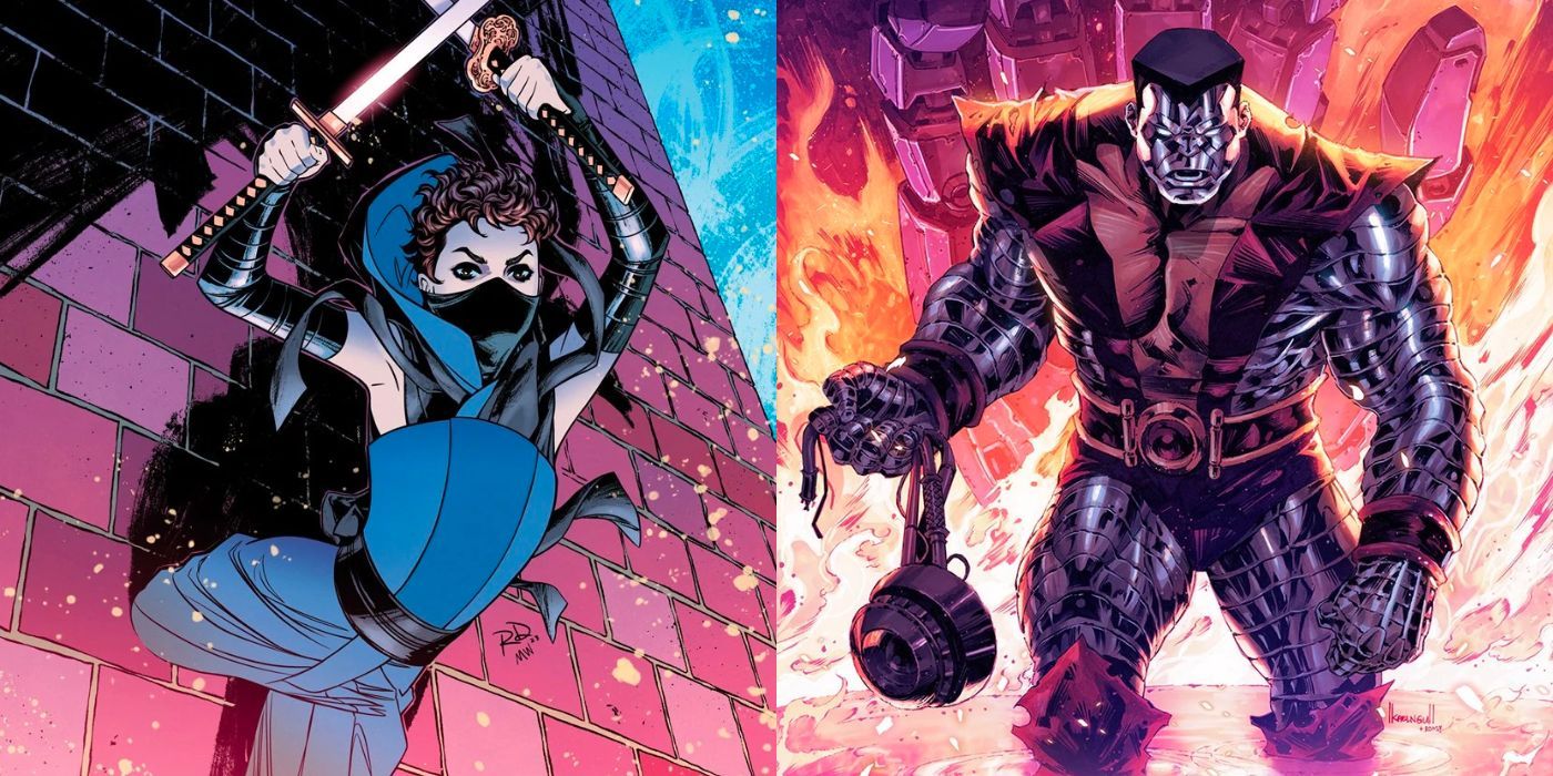 Shadowkat and Colossus in a split image from Marvel Comics
