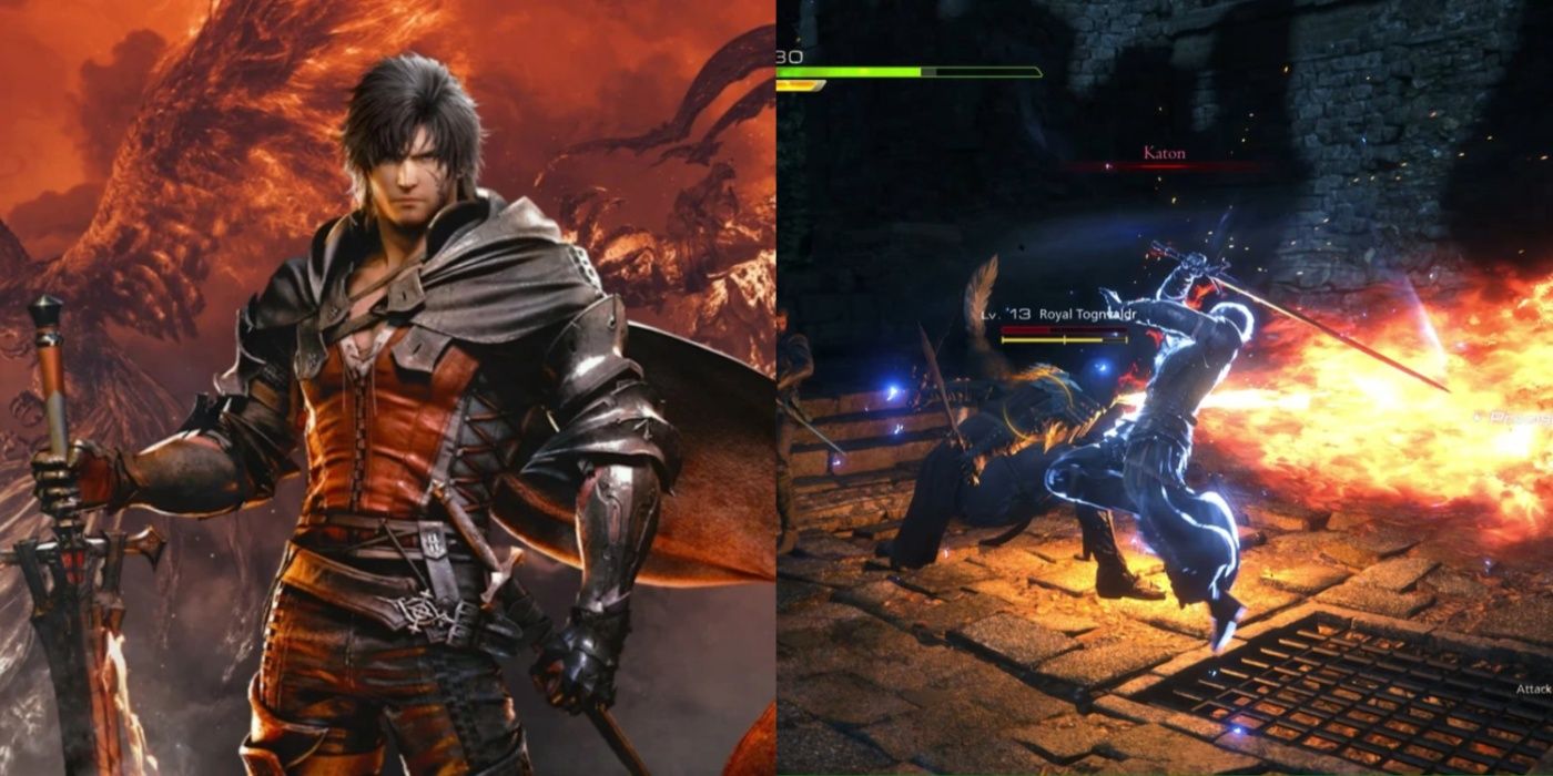 Split image of Clive in key art and in the heat of combat in Final Fantasy XVI.