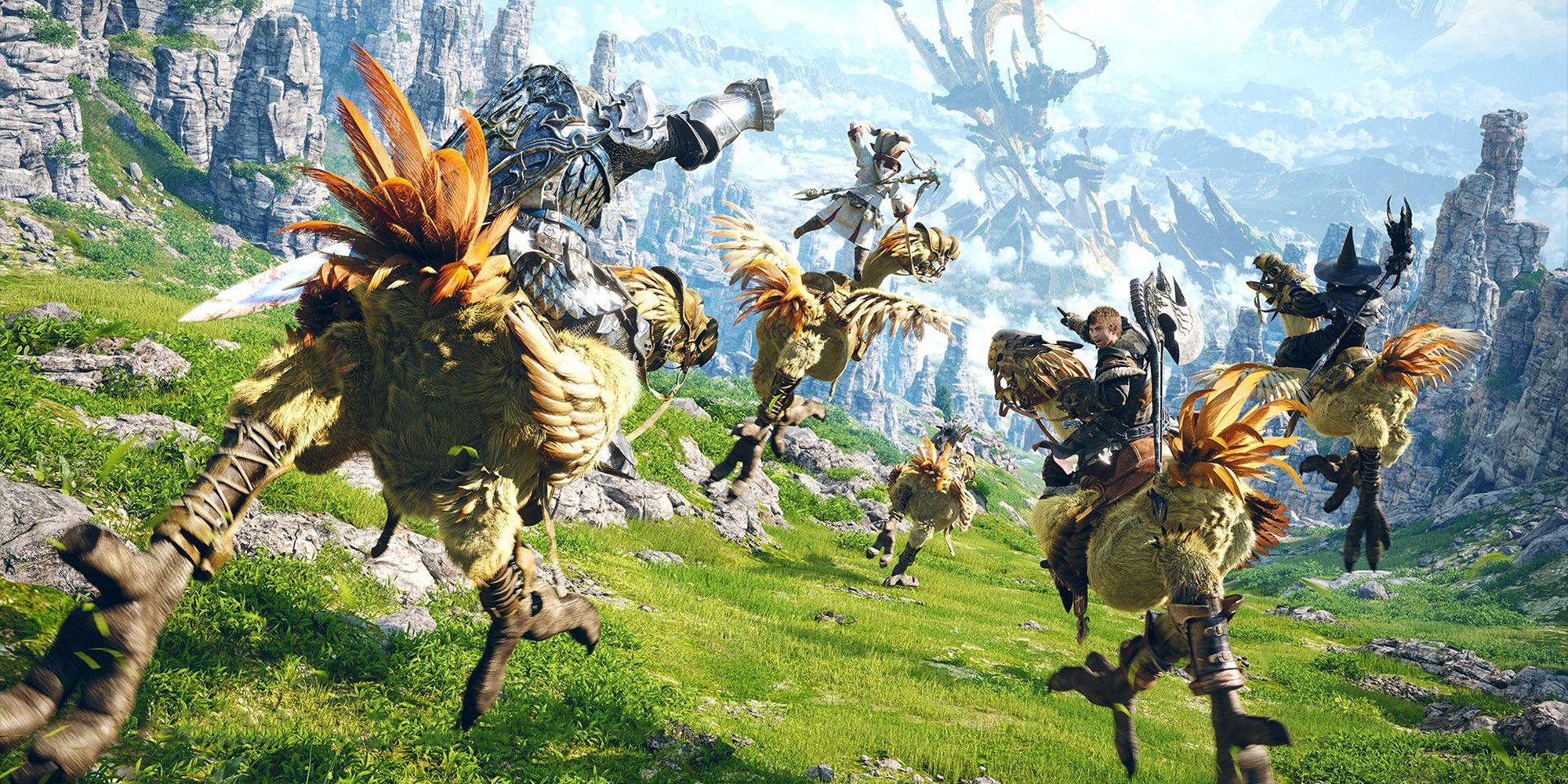 Final Fantasy XIV characters riding Chocobos through grassy field.
