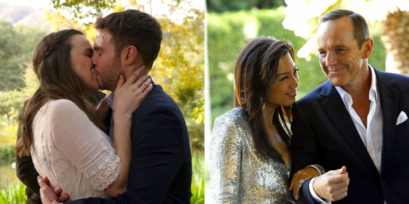 Split image of Fitzsimmons kissing and May and Coulson similing at each other in Agents of SHIELD