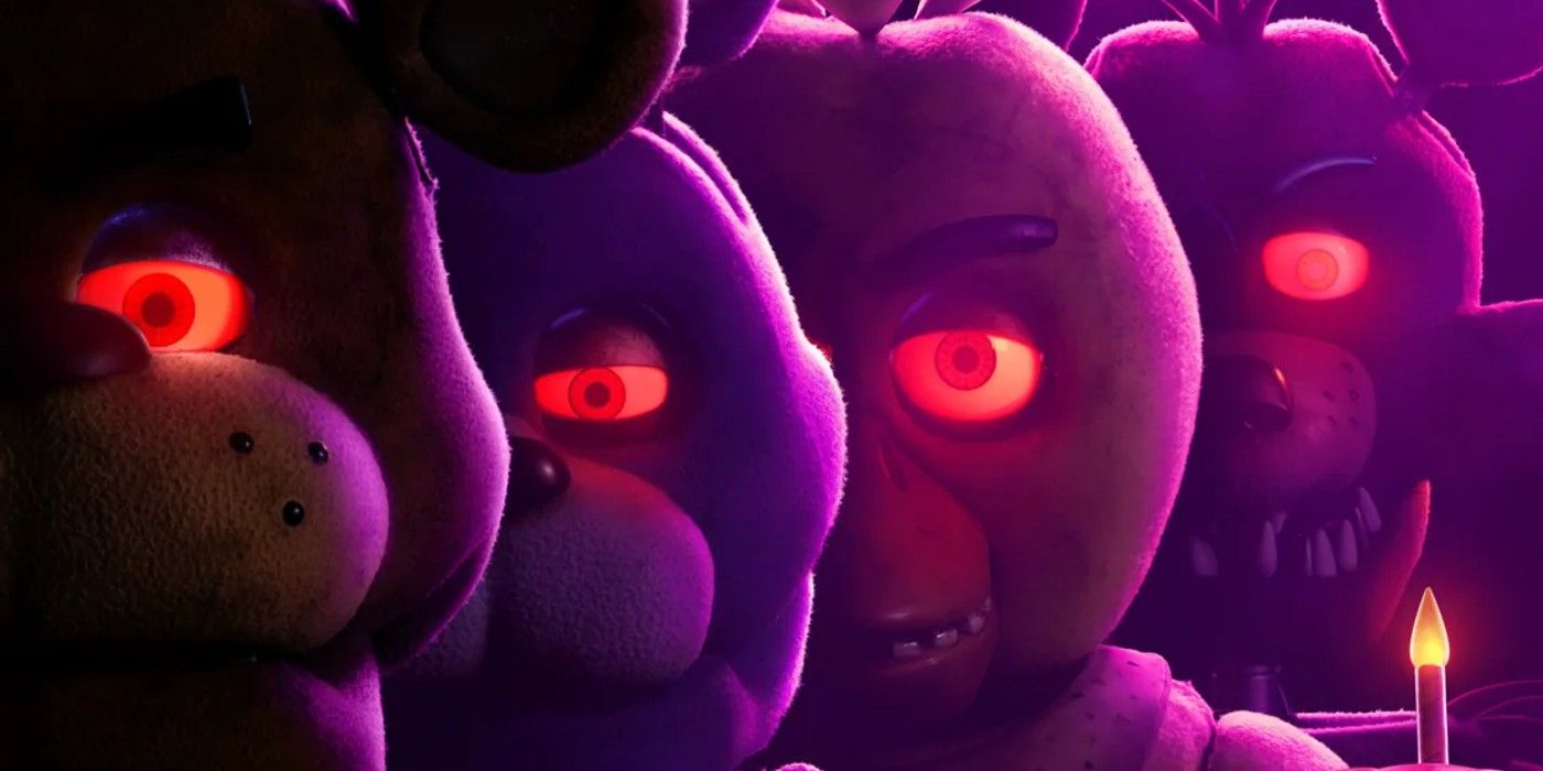 Five Nights at Freddys movie poster featuring the animatronics' eyes glowing.
