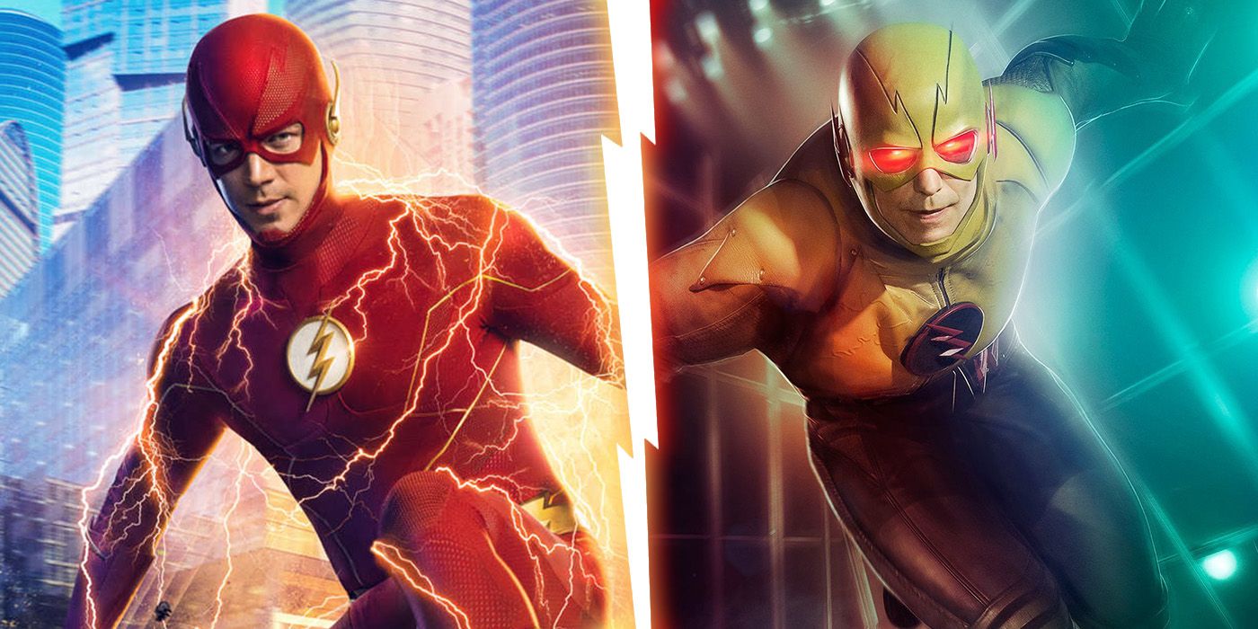 split image: Grant Gustin's Flash from season 8 and Tom Cavanagh's Reverse-Flash from season one
