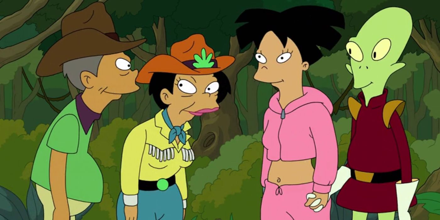Futurama's Wong family stands in a swamp alongside Kif Kroker