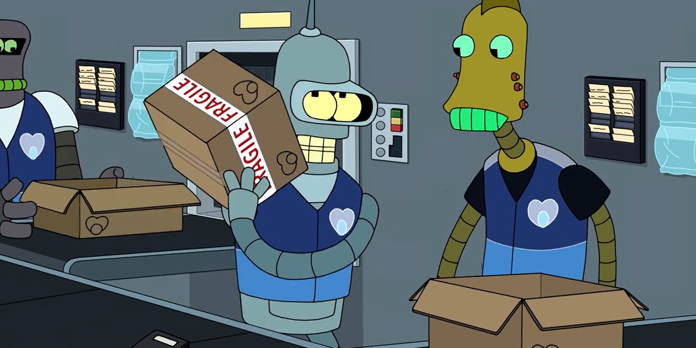 Bender sacode uma caixa frágil em Futurama.