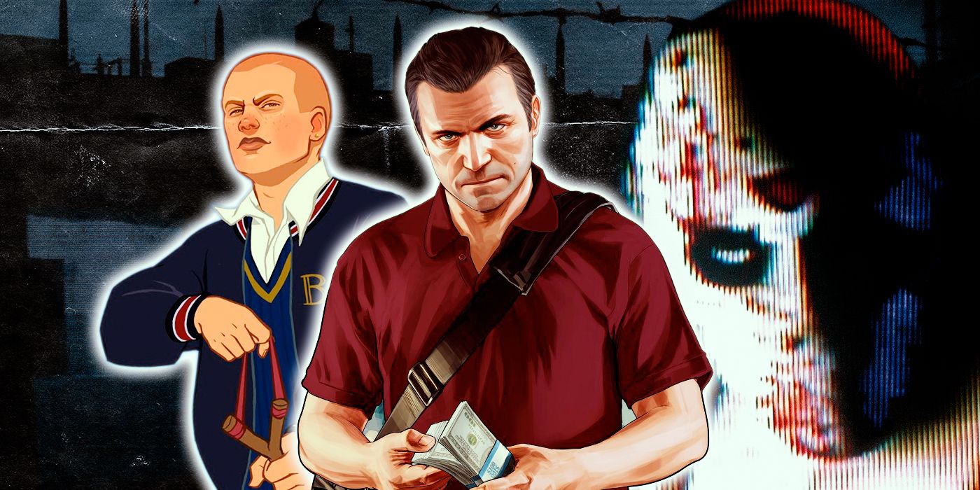 A collage of main characters from Bully, Grand Theft Auto, and Manhunt