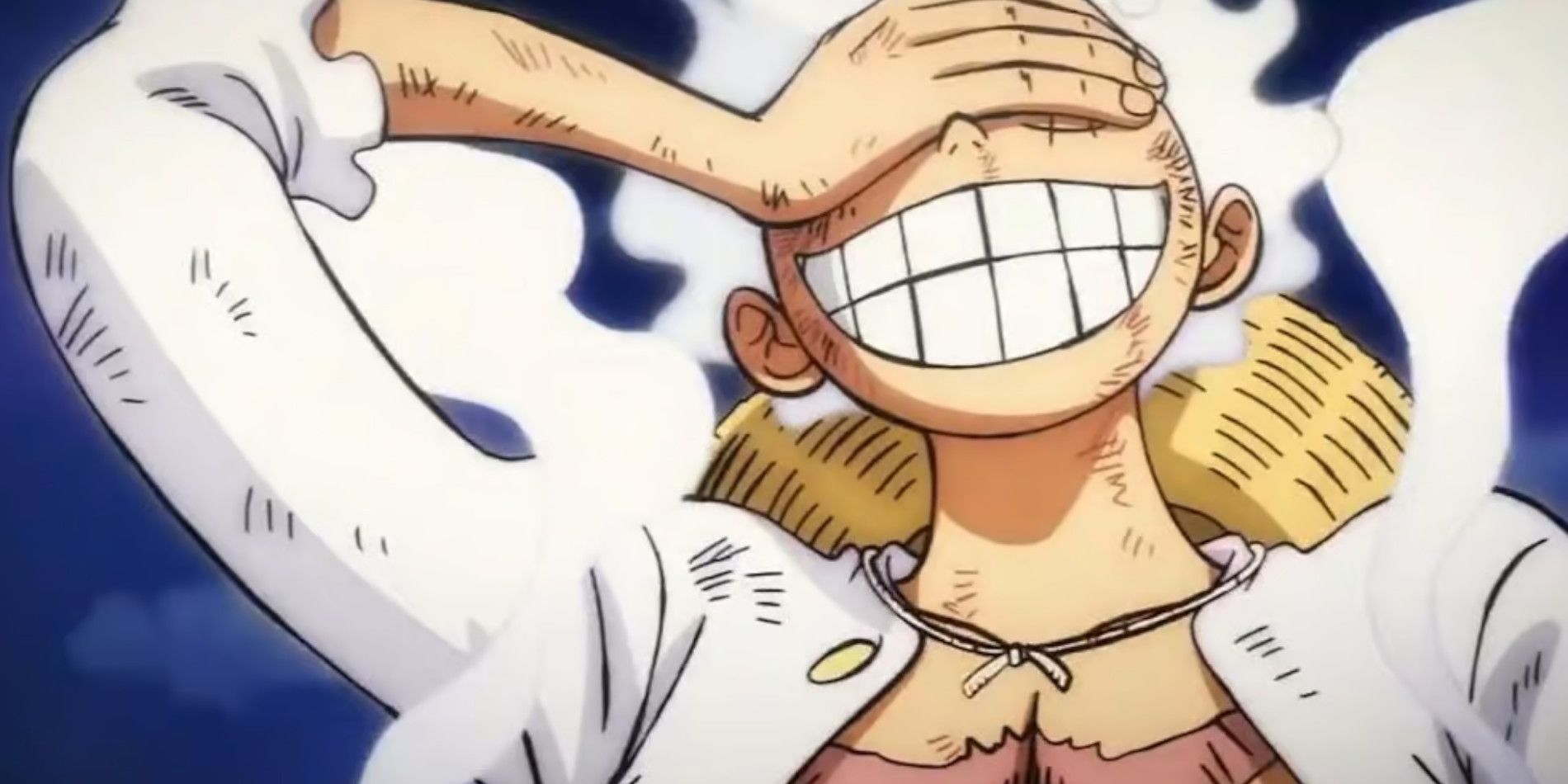 Luffy from One Piece laughing in his Gear 5 form.