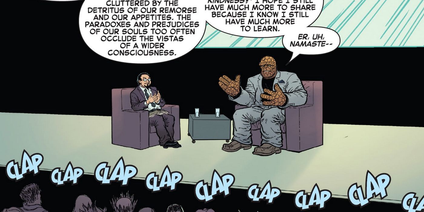 The Thing using the Gift O Gab to give an eloquent speech on a stage in Marvel Comics