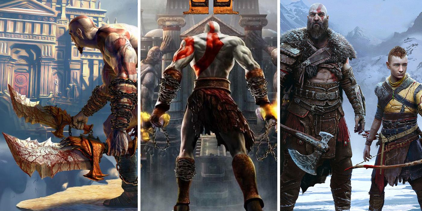 God of War games covers, Kratos standing before Olympus and in Midgard with Atreus