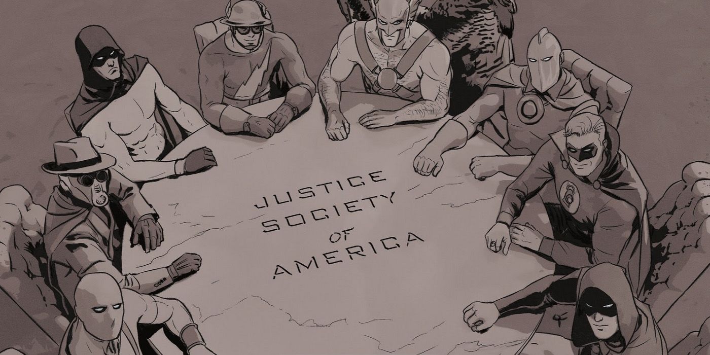 A Sociedade da Justiça da América sentada em sua mesa redonda