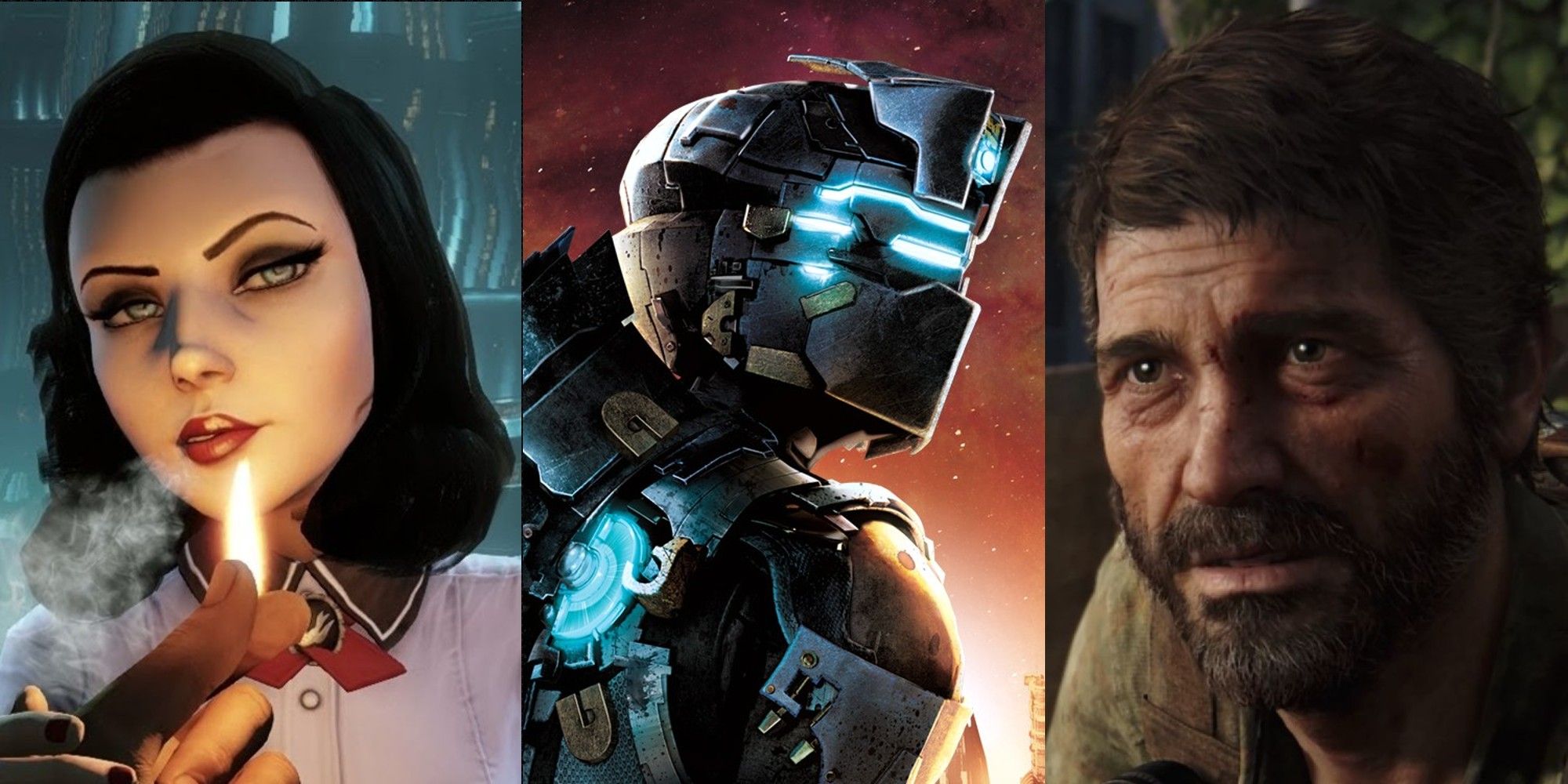 A split image including close ups of Elizabeth from Bioshock, Isaac from Dead Space, and Joel from The Last of Us
