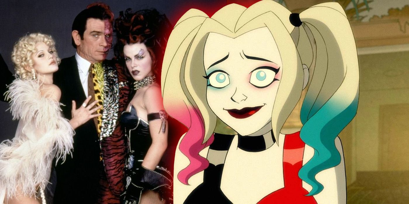 Sugar and Spice and Two-Face from Batman Forever beside Harley Quinn.