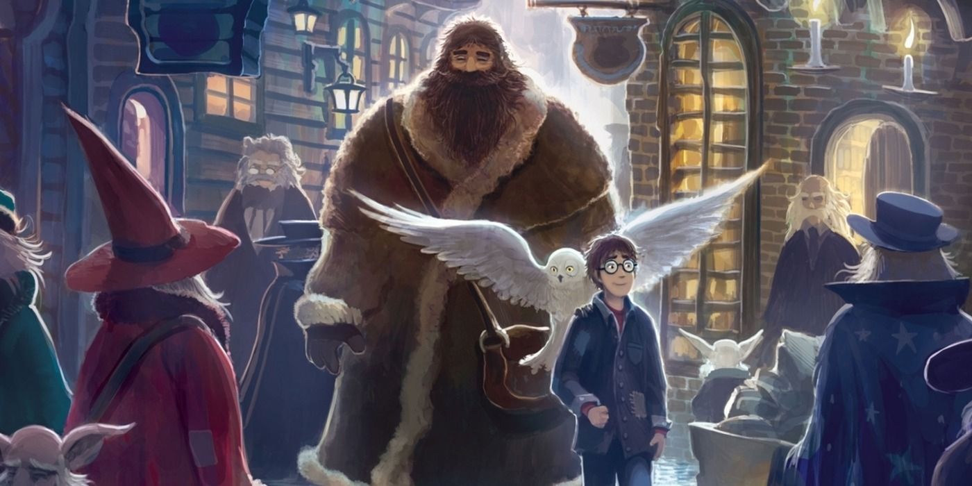 Harry Potter and Hagrid walking down Diagon Alley for the first time in The Sorcerer's Stone.