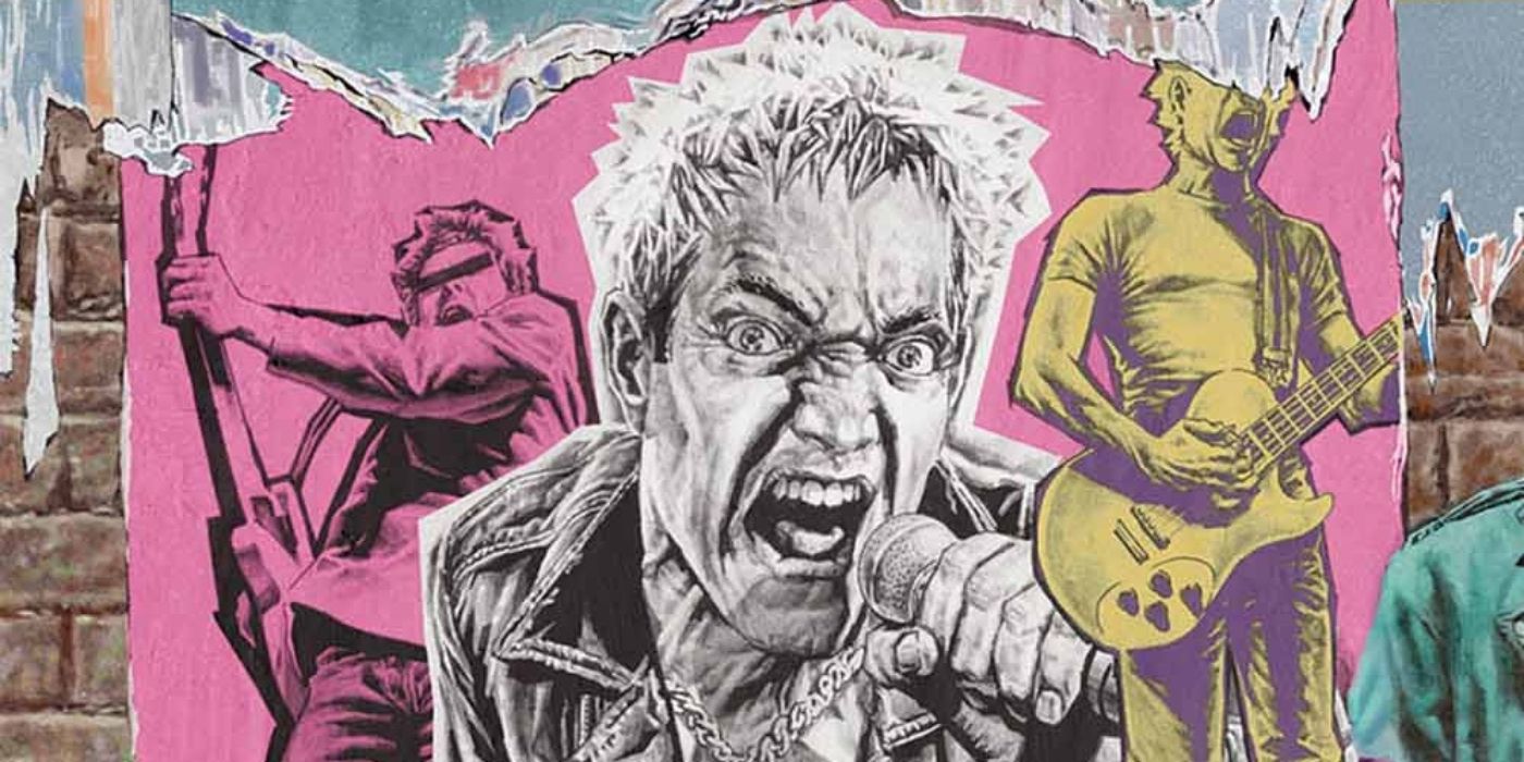 Constantine screams into the mic on a Mucous Membrane band poster peeling off a brick wall.