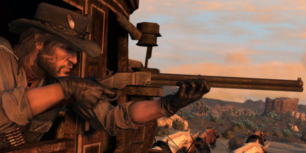 John Marston mirando seu Henry Repeater em uma diligência em Red Dead Redemption