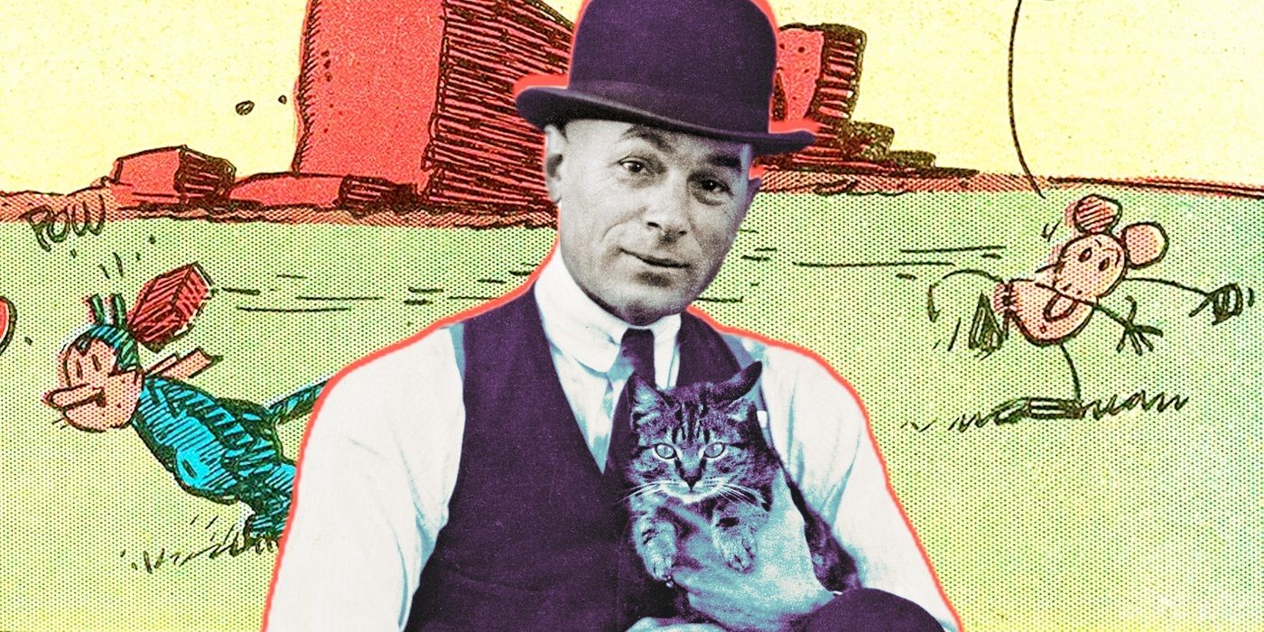 Composite image of George Herriman with his cat on a Krazy Kat and Ignatz background