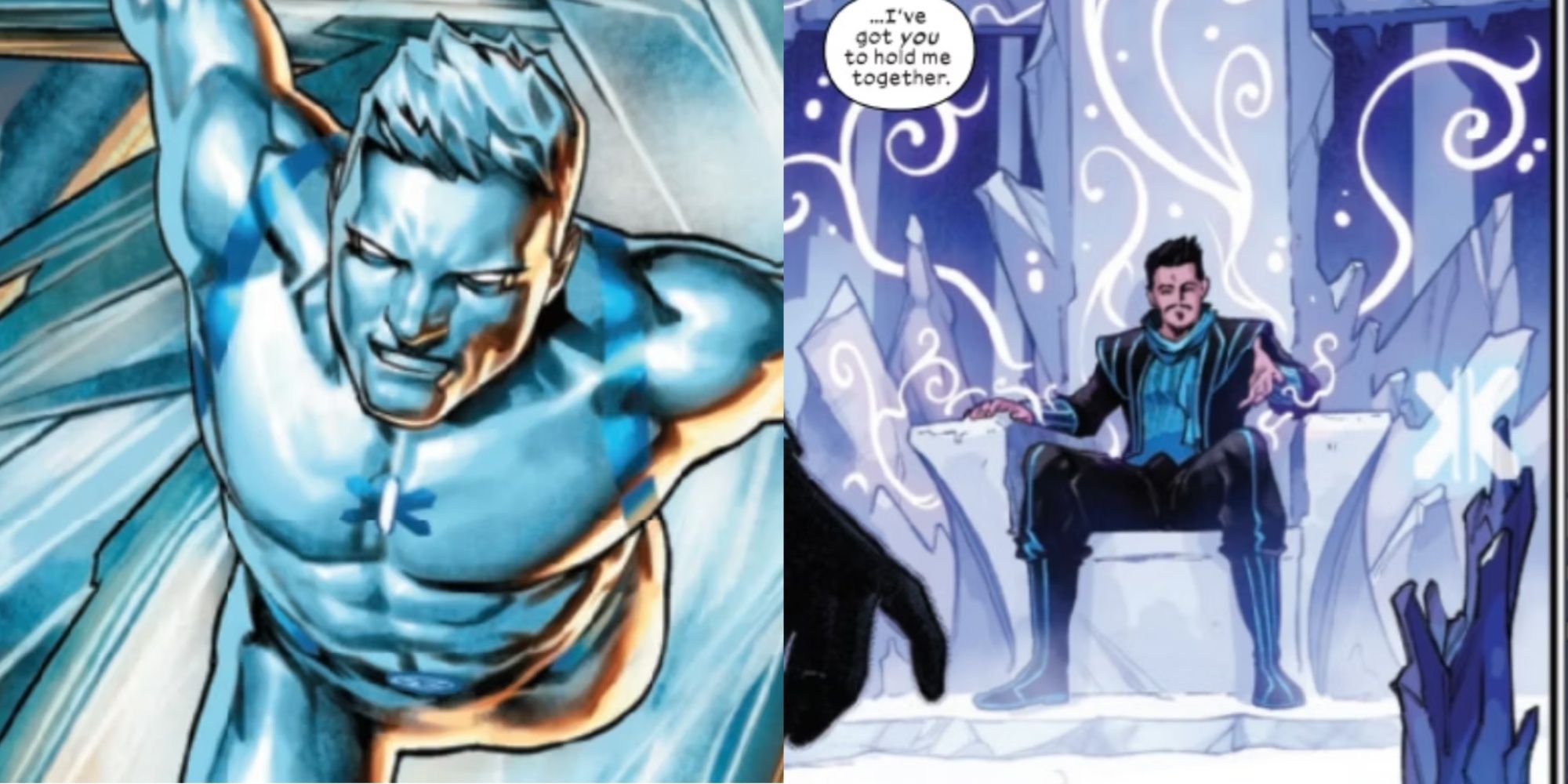 A split image of Iceman and his boyfriend, Romeo, in Marvel Comics