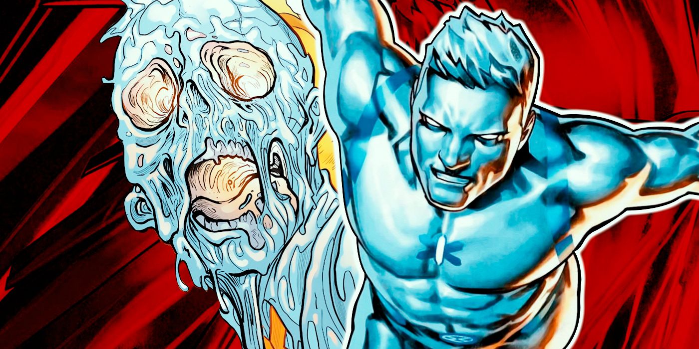 Iceman melting at the Hellfire Gala juxtaposed with Iceman triumphant in Marvel Comics