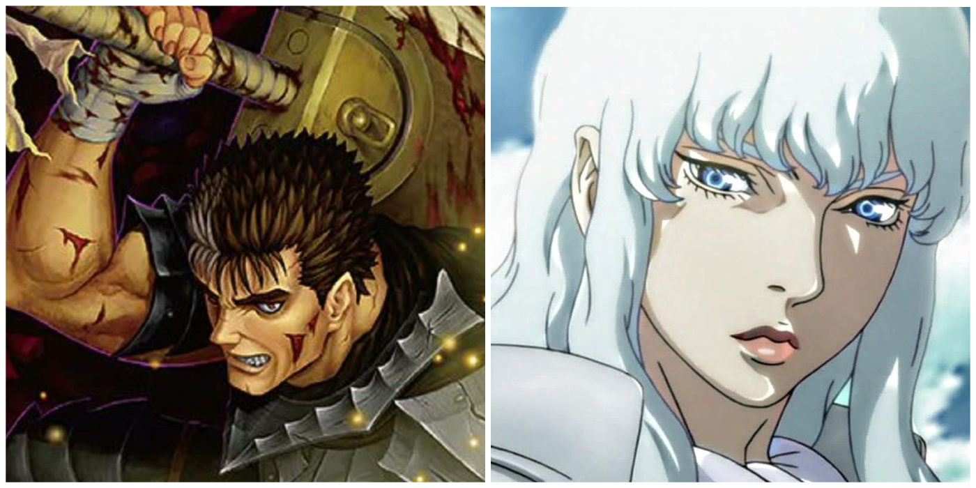 Berserk's Guts wielding a hammer on the left and Griffith looking innocent on the right