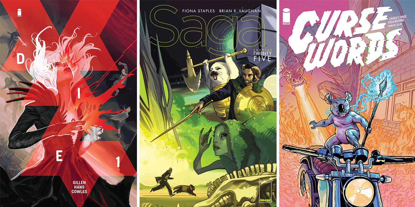 Covers from Die, Saga, and Curse Words from Image Comics