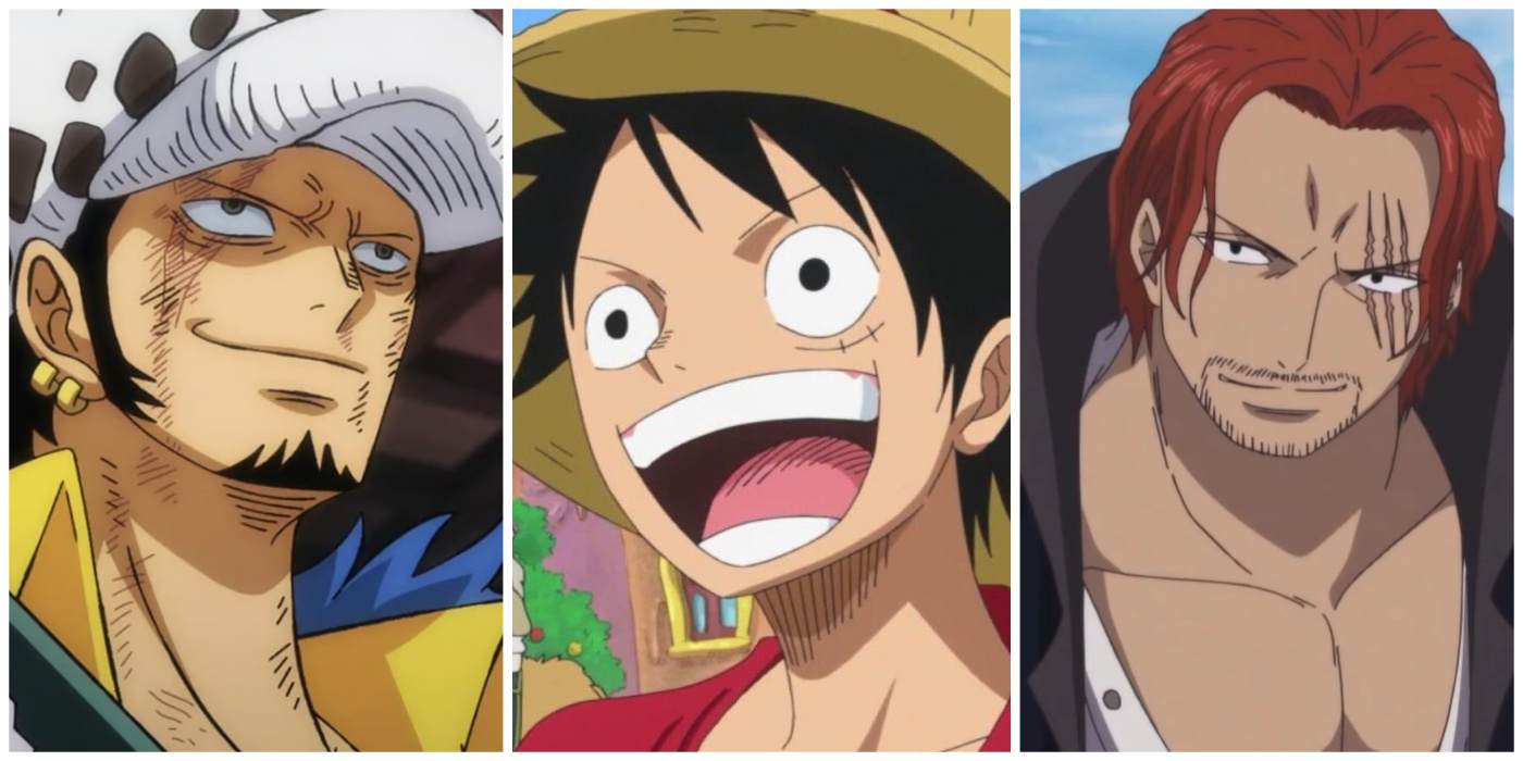 Trafalgar Law on the left, Luffy grinning in the center, Shanks on the right