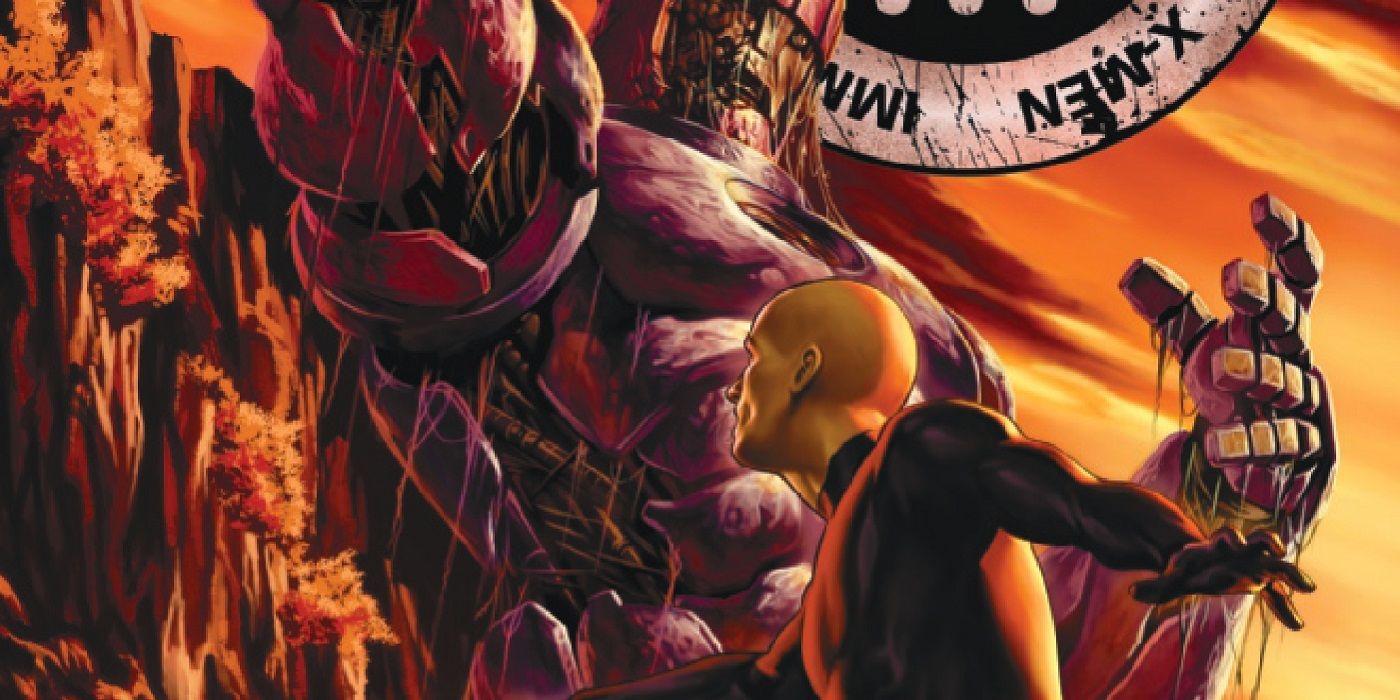 Charles Xavier and a decaying Sentinel in Marvel Comics