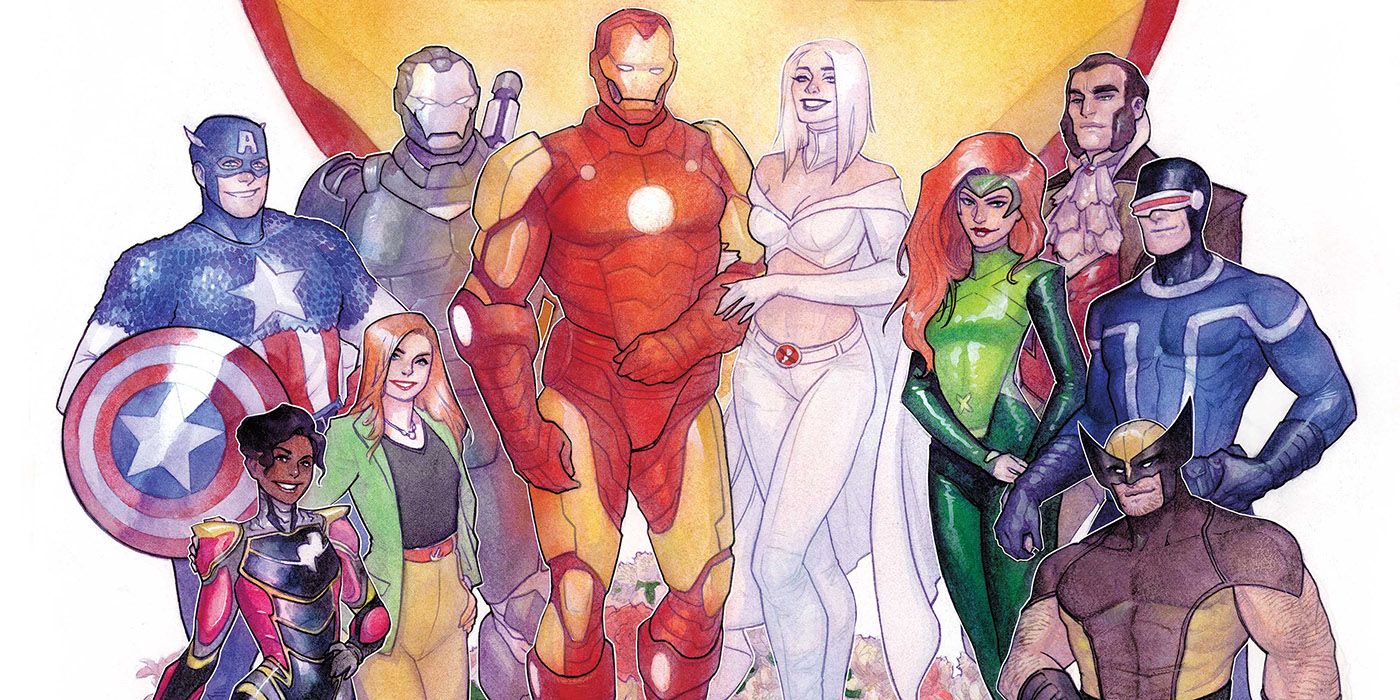 Iron Man and Emma Frost's wedding on Invincible Iron Man #10 cover.