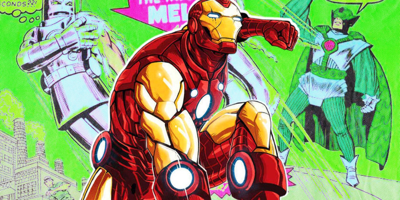 A collage of the Invincible Iron Man and Melter from Marvel Comics