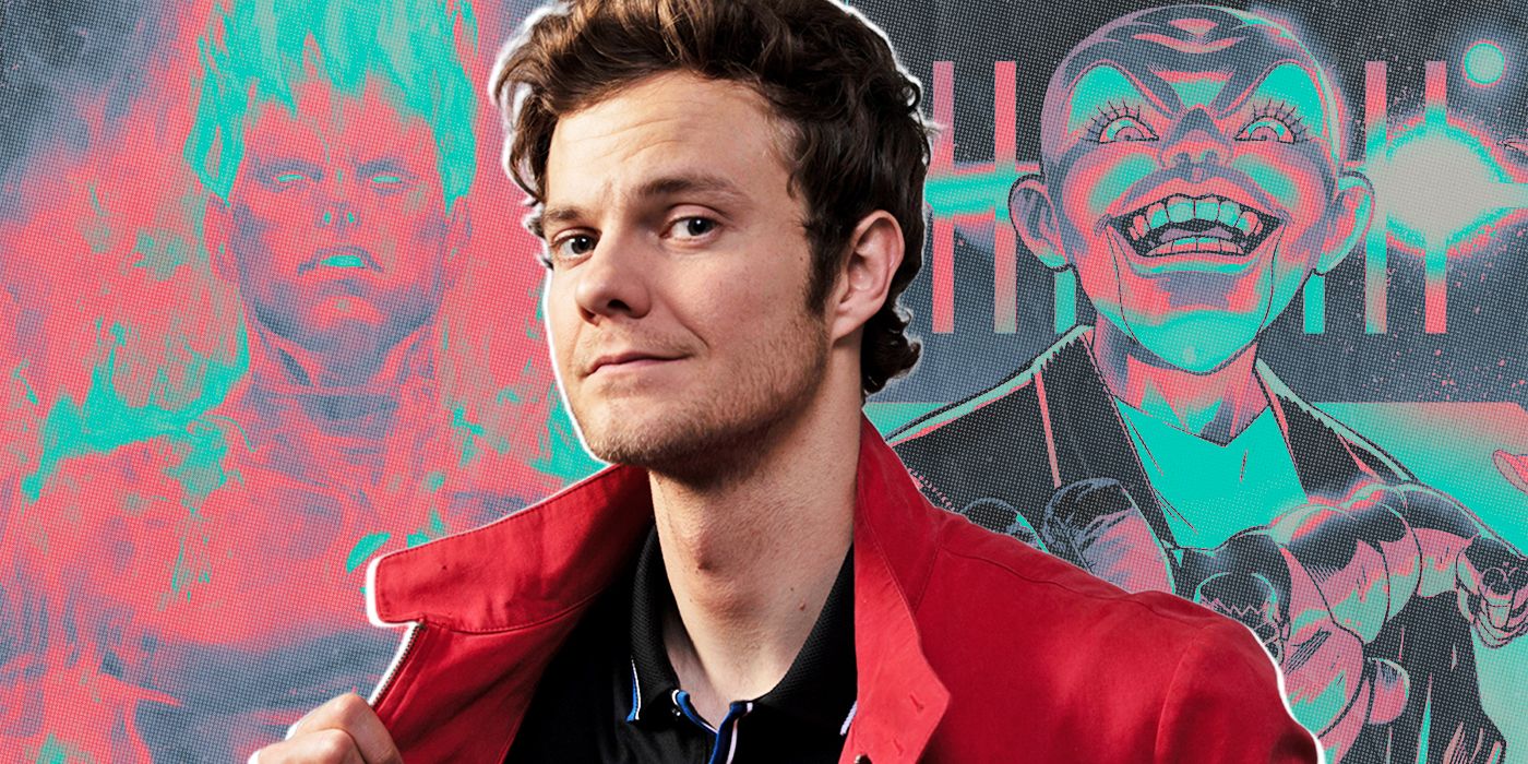 Jack Quaid in front of Puppet Master and Human Torch