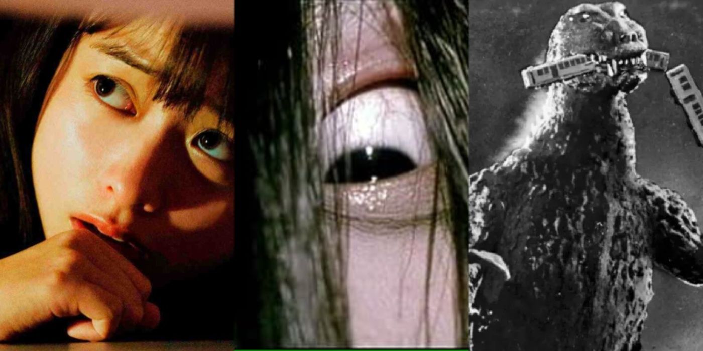 Asuka hiding in Re/Member, the eye of Sadako in Ringu, and Godzilla