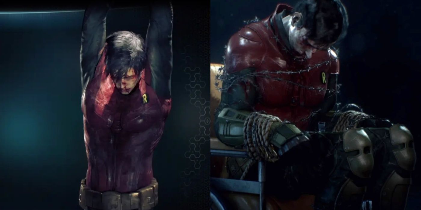Split image of Jason Todd being held captive and tortured by Joker in Batman: Arkham Knight.