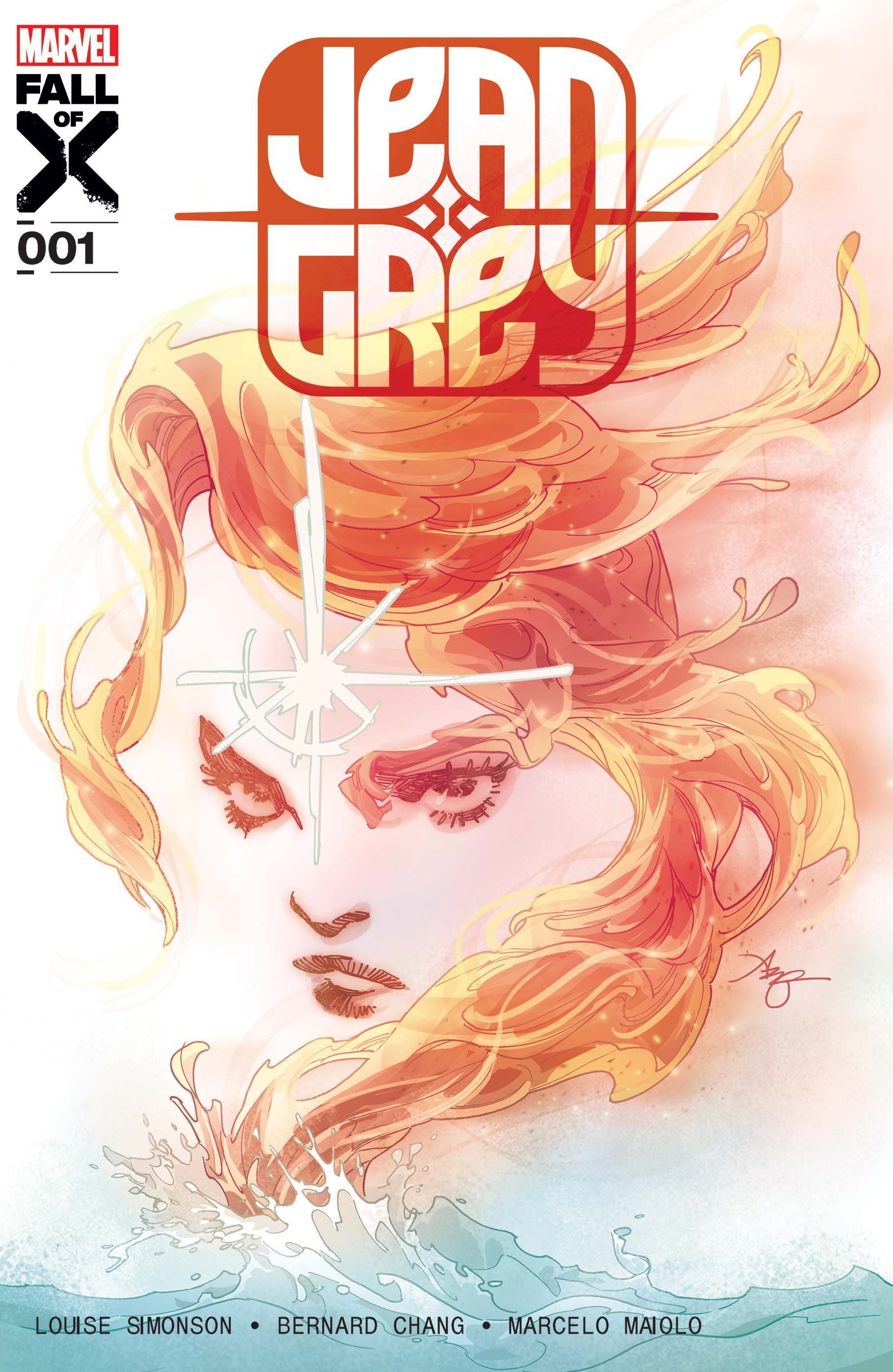 Jean Grey's portrait made of fire above crashing waves