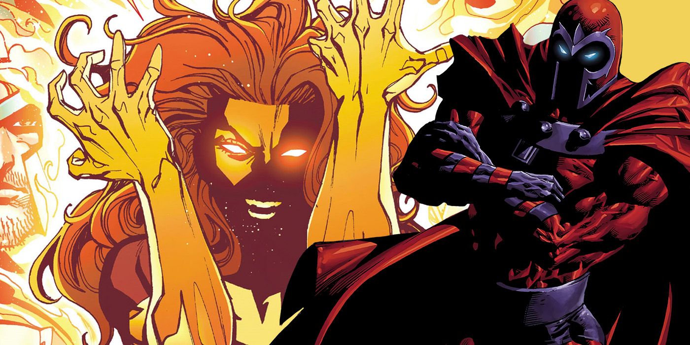 Jean Grey as Dark Phoenix and shadowed Magneto from X-Men comics