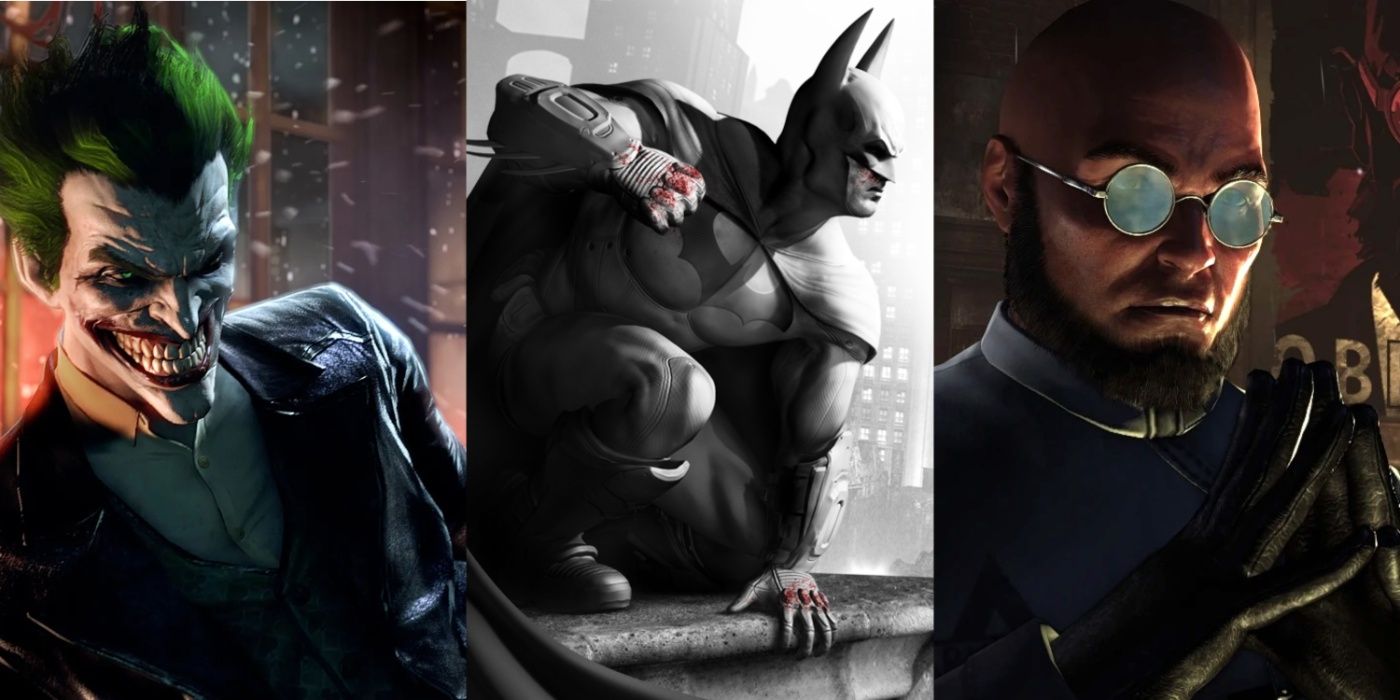 Split image of Joker in Arkham Origins, Batman in Arkham City, and Hugo Strange in Arkham City.