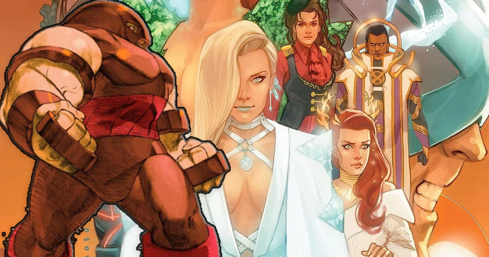 Juggernaut juxtaposed with the X-Men 2023 Hellfire Gala in Marvel Comics