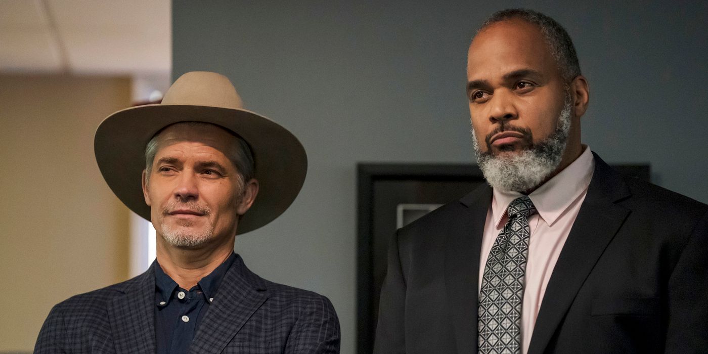 Justified City Primeval Raylan and Robinson stand together in the police meeting