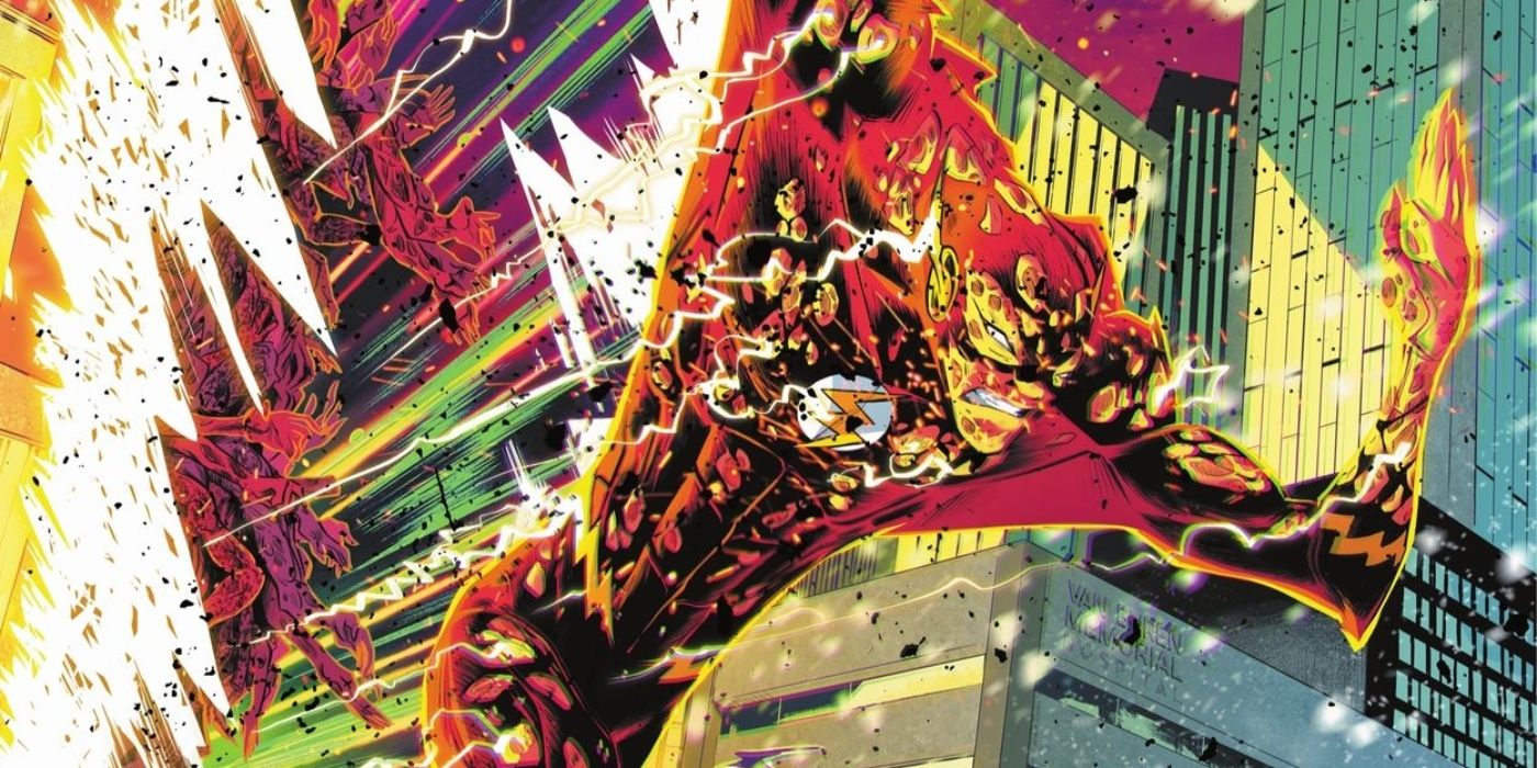The Flash running at top speed, afflicted by scars from the Speed Force in DC Comics' Knight Terrors event