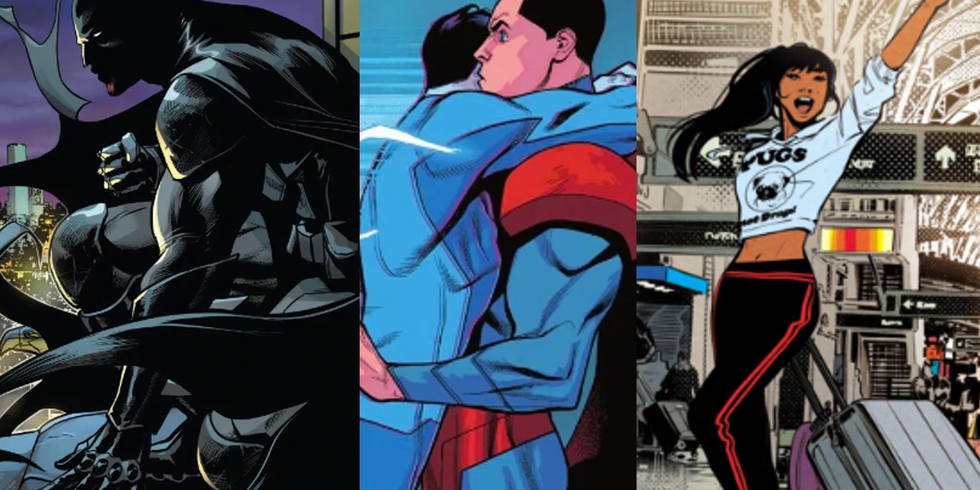A split image of Jace Fox as Batman, Jon Kent with Superman, and Yara Flor in DC Comics